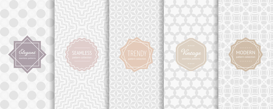Subtle vector seamless patterns. Collection of elegant geometric background swatches with classic minimal labels. Simple abstract vintage textures. Light pastel design for decoration, cover, package