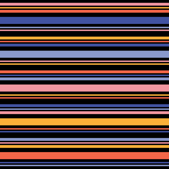 Horizontal stripes seamless pattern. Simple vector lines texture. Modern abstract geometric colorful striped background. Yellow, blue, pink, orange and black color. Repeated design for decor, print