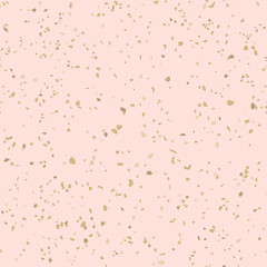 Golden terrazzo flooring texture. Vector seamless pattern with chaotic scattered gold confetti on pink background. Luxury mosaic floor surface. Trendy grunge design for decor, gift paper, print, cover