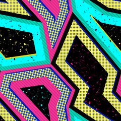 Vector abstracte naadloze patroon met geometrische vormen, kleurrijke elementen. Retro vintage kunstdruk. Mode uit de jaren 80 - 90, ontwerp in Memphis-stijl. Grunge stedelijke textuur. Trendy herhaalbare achtergrond