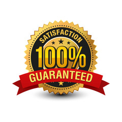3D type 100% satisfaction guaranteed golden badge with red ribbon on top, isolated on white background.