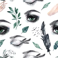 Wall murals Gothic Seamless pattern with watercolor eyes, feathers and birds, green leaves, snowdrops. Watercolor background