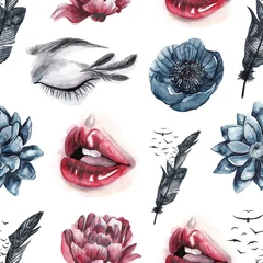 Fototapete Gotisch Nahtloses Muster mit Aquarellaugen und Lippen, Federn und Vögeln, roten und blauen Blumen. Aquarell Hintergrund