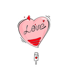 Depleted heart that requires recharging, the concept of a departed love or a sick heart. Hand-drawn in a flat cartoon style. Doodle for textiles, t-shirts or postcards.