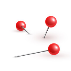 Realistic vector plastic glossy red push pins at various angles set needle.