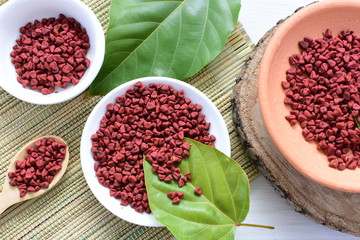 Achiote seed called Bixa orellana of America, used to flavor food