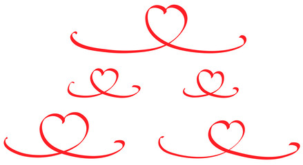 Heart ribbon set drawn by hand in red color. Valentines day symbol. Love concept. Digital painting in vector EPS 10