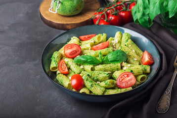 Homemade tortiglioni pasta with vegan pesto sauce