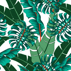 Abstract seamless tropical pattern with bright green plants and leaves on a delicate background.  Summer colorful hawaiian seamless pattern with tropical plants.  Tropic leaves in bright colors.
