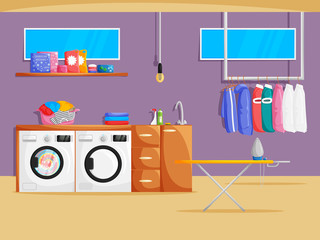 Vector laundry room interior in cartoon flat style. Illustration of basement with washing machine, dryer, clothes, shelf, powder and chemical products, windows and furniture. Cleaning Service Banner
