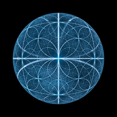 Blue glowing fibonacci circles ball isolated on black