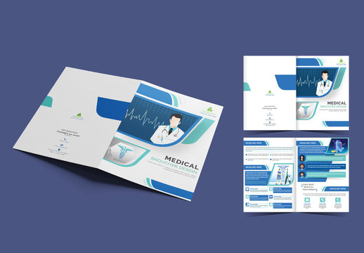 Blue and Green Brochure Layout with Medical Illustrations