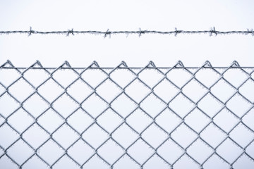 Wire fence frost-covered. Metal fence covered with snow