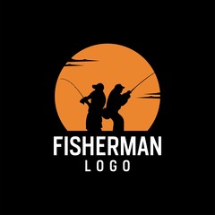 Fishing Silhouette logo with Sunset Outdoor logo design inspiration