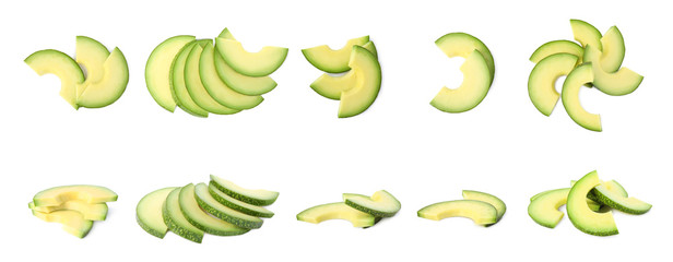 Set of delicious fresh avocados on white background