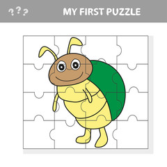 Cartoon Illustration of Education Jigsaw Puzzle Game for Preschool Children with Funny Beetle Character - My first puzzle