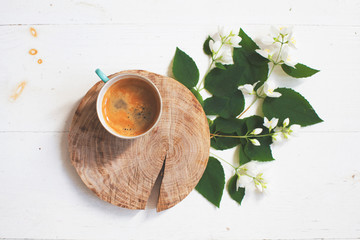 coffee with mint leaves on wooden background with copy space for your text. morning concept