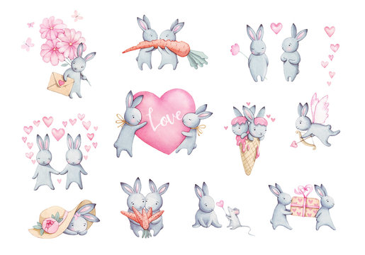 Cute rabbits Watercolor Set Flat Illustration. Isolated  Baby Bunny Collection. Pretty Little Hare Character Cartoon Style. Drawn Fluffy Lapin Print Design. Valentines Day. Spring drawing.