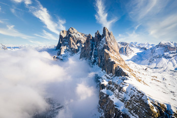 Odle mountains group in northern Italy during a quiet morning in winter season. Dolomites, Alto Adige, Sud Tyrol, Italy