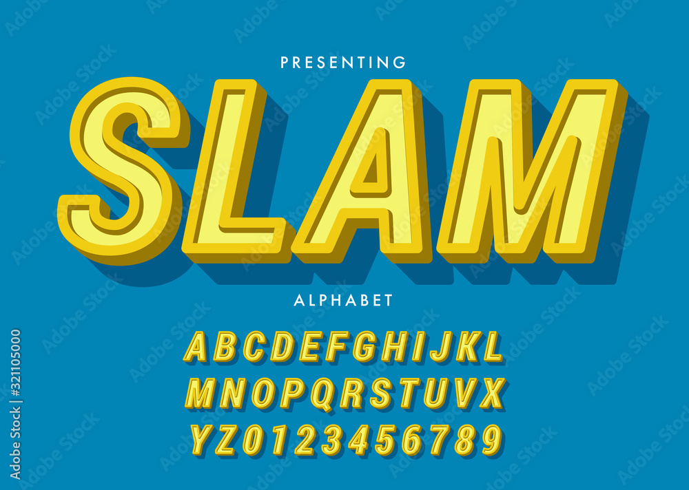 Poster set of pop art style alphabet letters and numbers with 3d extrude effect for t-shirt design, poster 