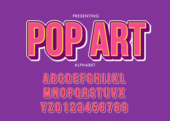 Set of pop art style alphabet letters and numbers with 3d extrude effect for t-shirt design, poster headline, logotype