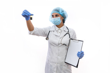 Fototapeta premium Woman in protective uniform holding different ampoules isolated on white