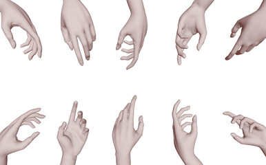 Arm. Female hands stretch to each other on a white background. handshake. Body parts. Human. Hand holds. 3d rendering.