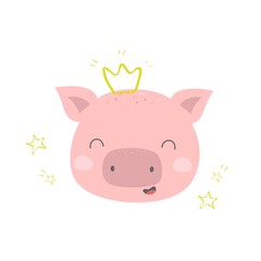 Nursery wall art Pig poster Gender neutral print Modern illustration for kids Baby animal with stars and crown vector card
