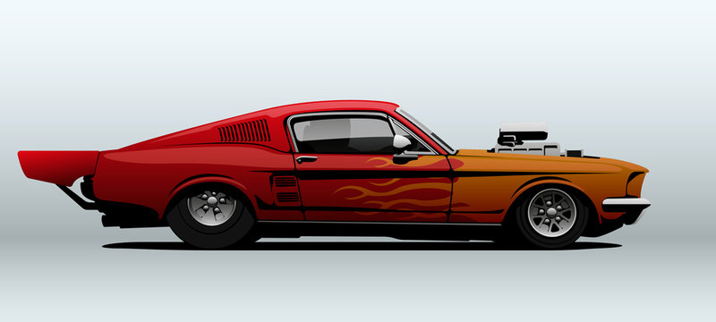 Red dragster in vector. View from side.