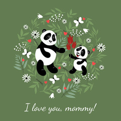 Little cute panda gives mom flowers. Illustration for children decorated with plant elements.