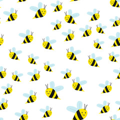 Seamless pattern with cute kawaii bees on a white background. Vector illustration, hand drawn. Design for fabric, textile, wrapper, print.