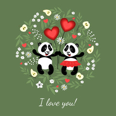 Little pandas in love. Illustration for children decorated with plant elements.