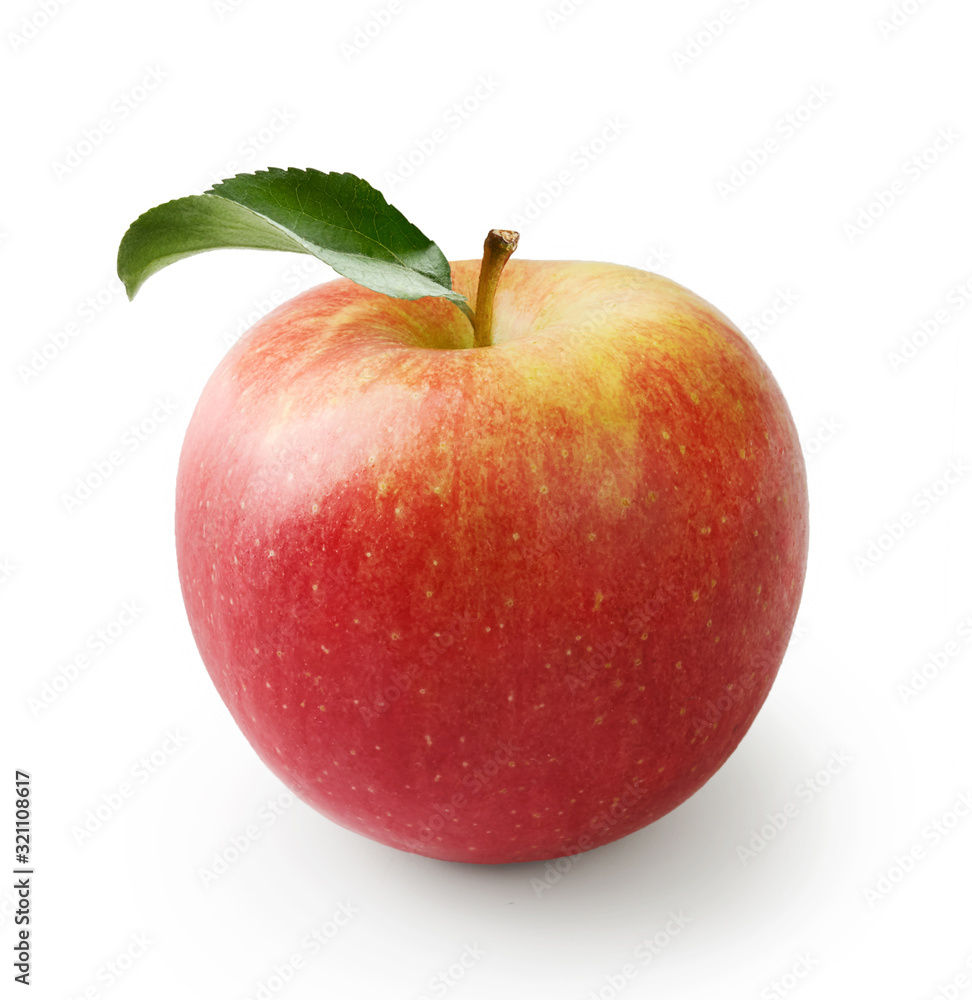 Poster Yellow red apple isolated on white background. Fresh beutiful apple with green apple leaf.