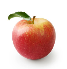 Yellow red apple isolated on white background. Fresh beutiful apple with green apple leaf.