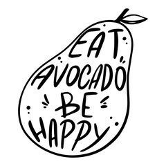Digital illustration of a cute doodle outline avocado with the text eat avocado be happy. Print for fabrics, posters, menus, restaurants, banners, web design, product packaging.