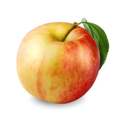 Yellow red apple isolated on white background. Fresh beutiful apple with green apple leaf.
