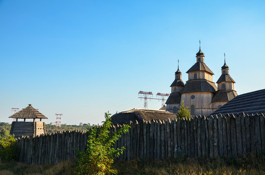 Old wooden Orthodox Christian church of Zaporizhzhya Cossacks on the island of Khortytsya in the Ukrainian city of Zaporozhye, Ukraine