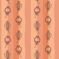 Seamless pattern. Stylized flower buds on a background of vertical stripes. Folk art, ethnic culture. Elements Doodle hand drawn vector backgrounds