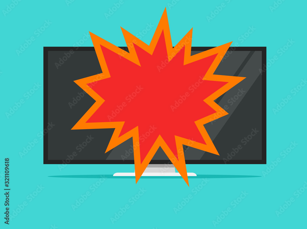 Poster broken led tv screen or crashed computer monitor vector flat cartoon illustration, destroyed with ex