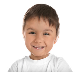 Portrait of happy little boy on white background