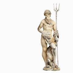 God of seas and oceans Neptune (Poseidon). The ancient statue isolated on white background.