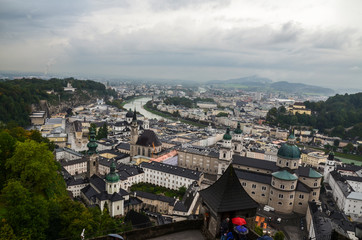 Fototapeta na wymiar A view out over the historic city of Salzburg, Austria, from the castle.