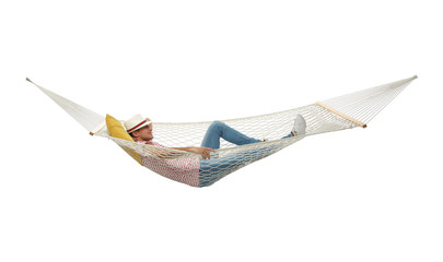 Man resting in hammock on white background