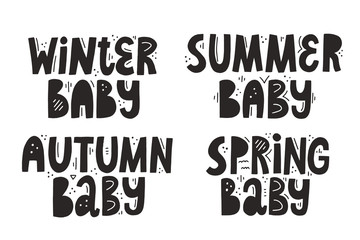 Set of black isolated lettering with abstract decoration for newborn design