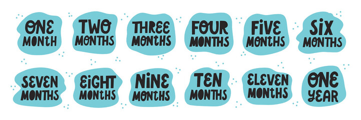 Set of baby milestone cards. Hand drawn vector lettering. Newborn textile and stickers design.