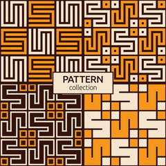 Set of four Korean or Chinese seamless patterns. Repeatimg geometric symmetric ornaments. Modern stylish textures. Trellis. Symmetric lines lattices. Vector color tiled ethnic backgrounds.