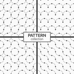 Set of four abstract seamless minimalistic pattern of curved lines with dots in nodes, isolated on white background. Stylish textures. Vector monochrome illustrations.