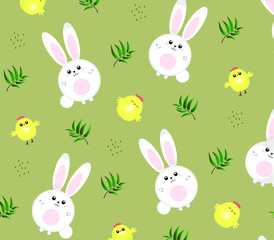 Cute children's pattern with chicken,green branch  and bunnies.  Vector illustration. Print. Happy Easter.