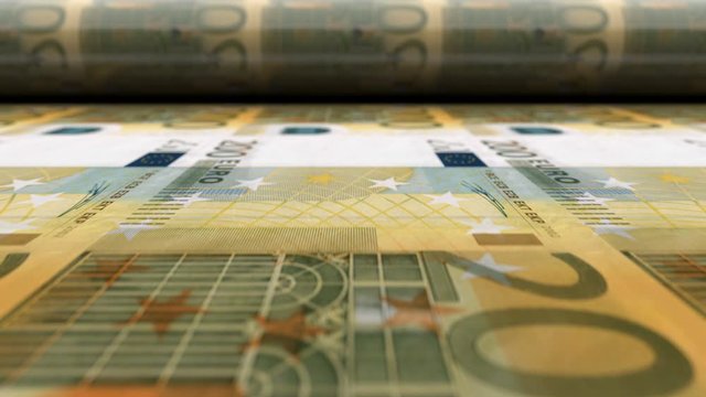 Euro money banknotes printing press machine prints 200 EUR banknotes. Animation showing how european currency is being printed and emissioned. Close-up of printing press process, seamless loop.