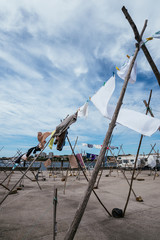 Clothes hanging in a public square in São Pedro da Afurada, Porto, Portugal.